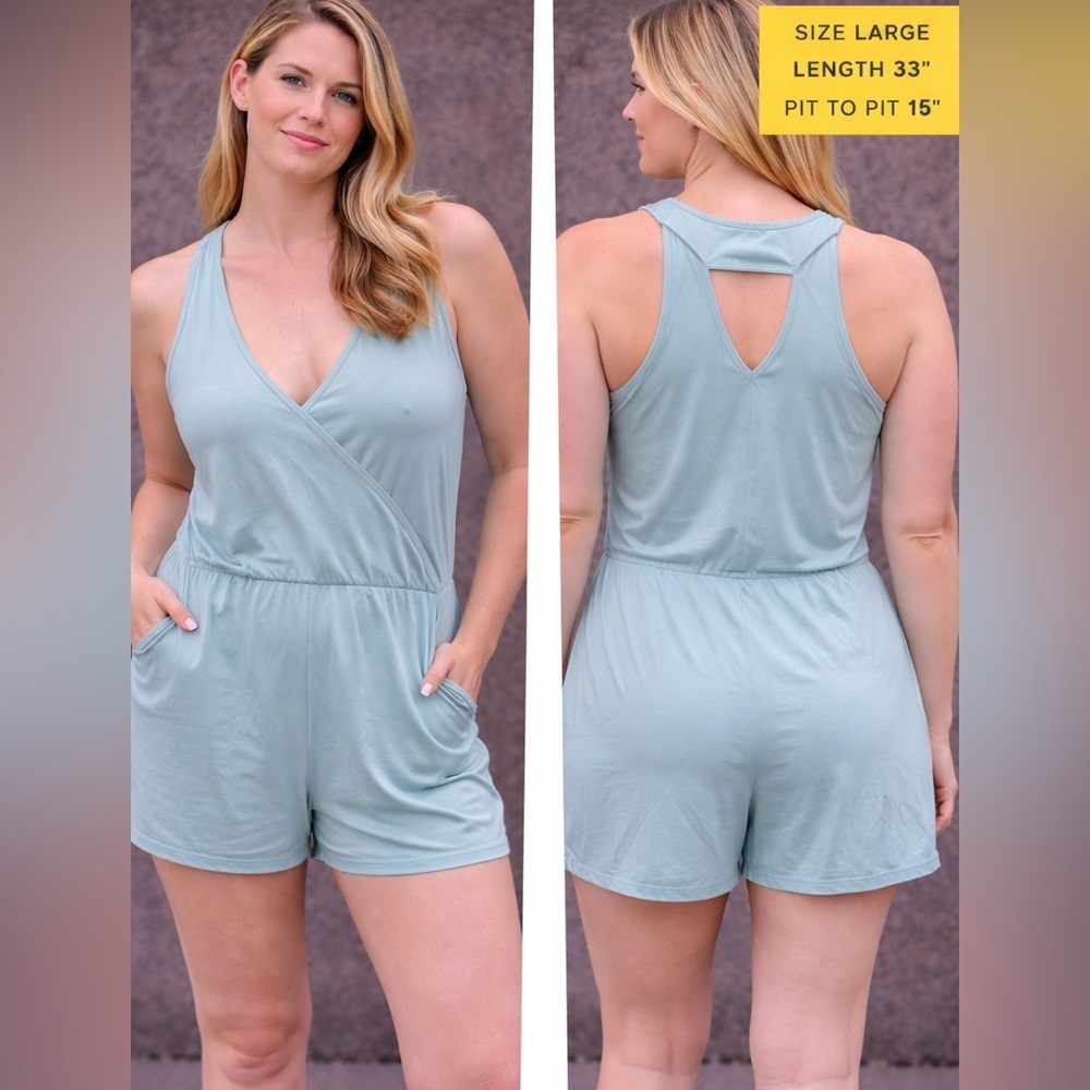 Fabletics Light Blue Sleeveless romper size LARGE Length 33in pit to pit 16in